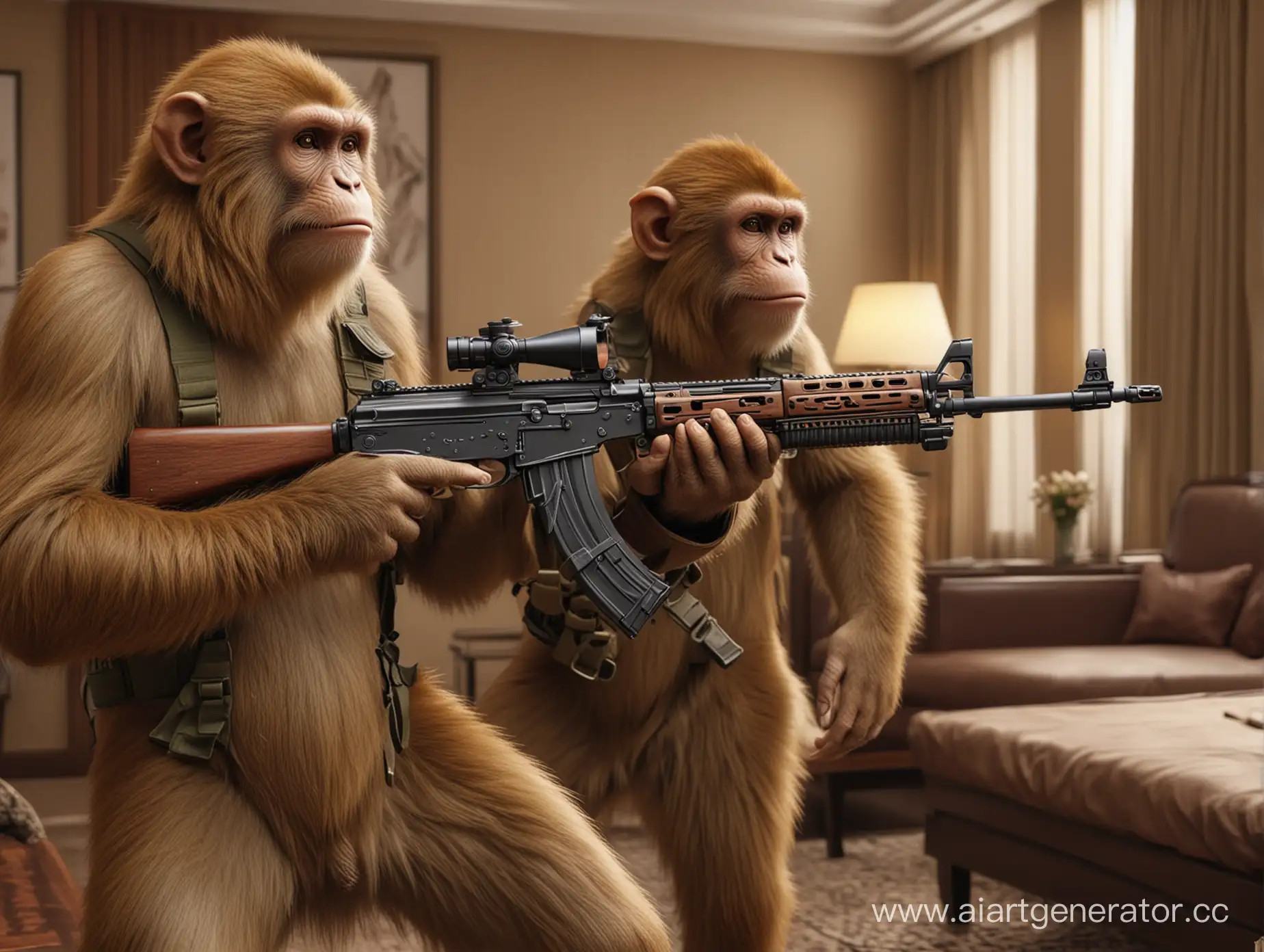2 monkey , classic wear , grab a weapons : AK rifle and AR rifle , Realistic , 4k , HD . Background is room in Asian hotel .