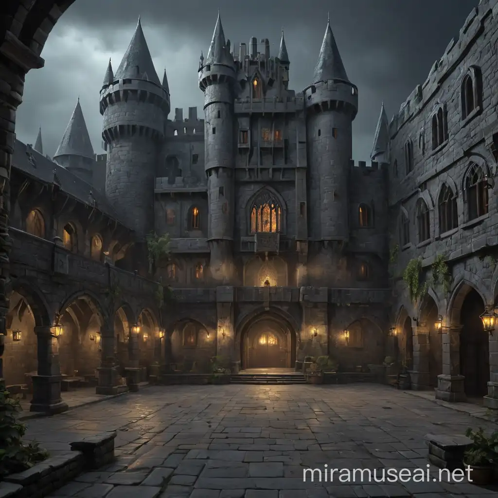 Fantasy Castle Courtyard with Dragons in the Dark