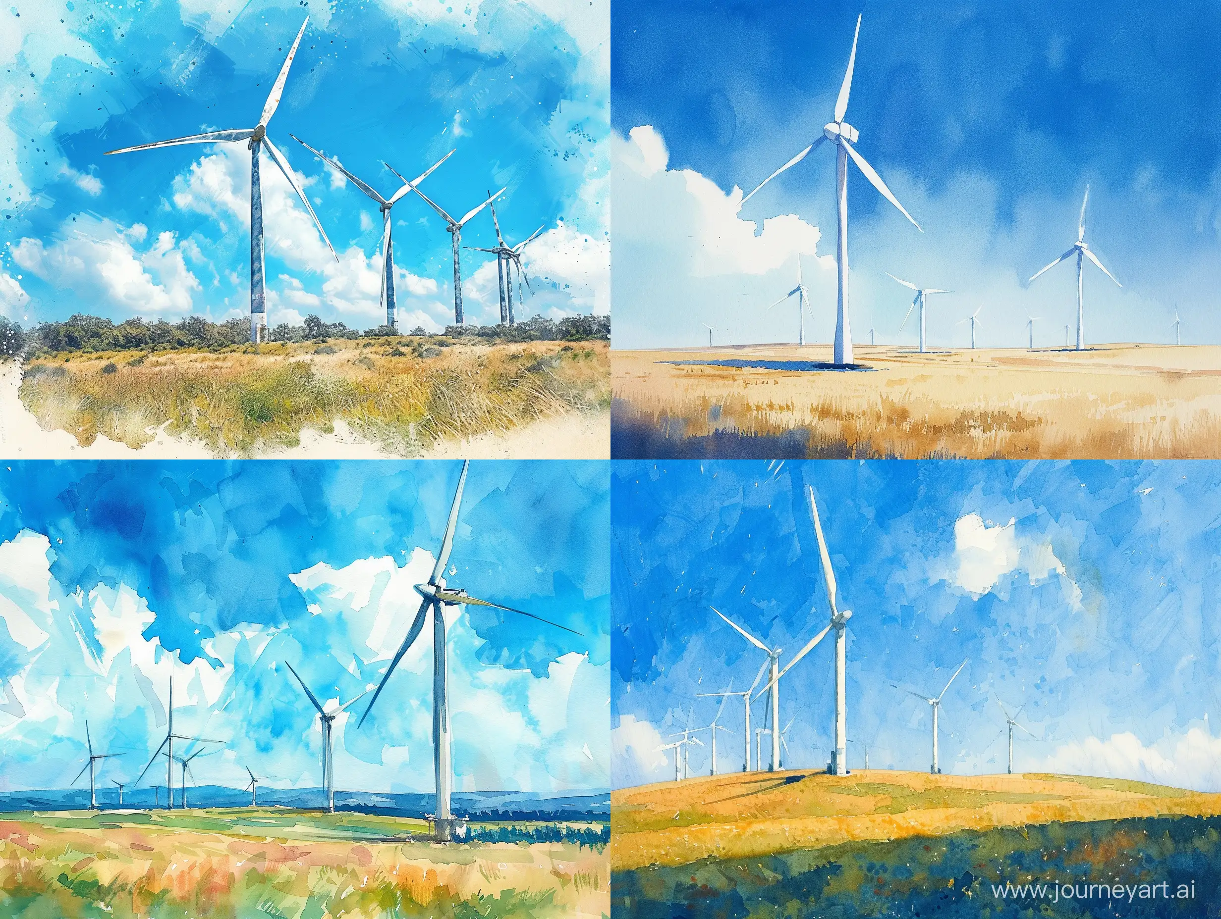 Picturesque-Wind-Turbines-in-Watercolor-Style-under-a-Blue-Sky
