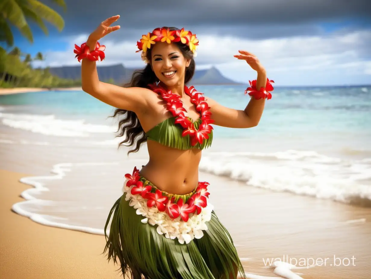 Hawaiian hula girl dancing on the beach