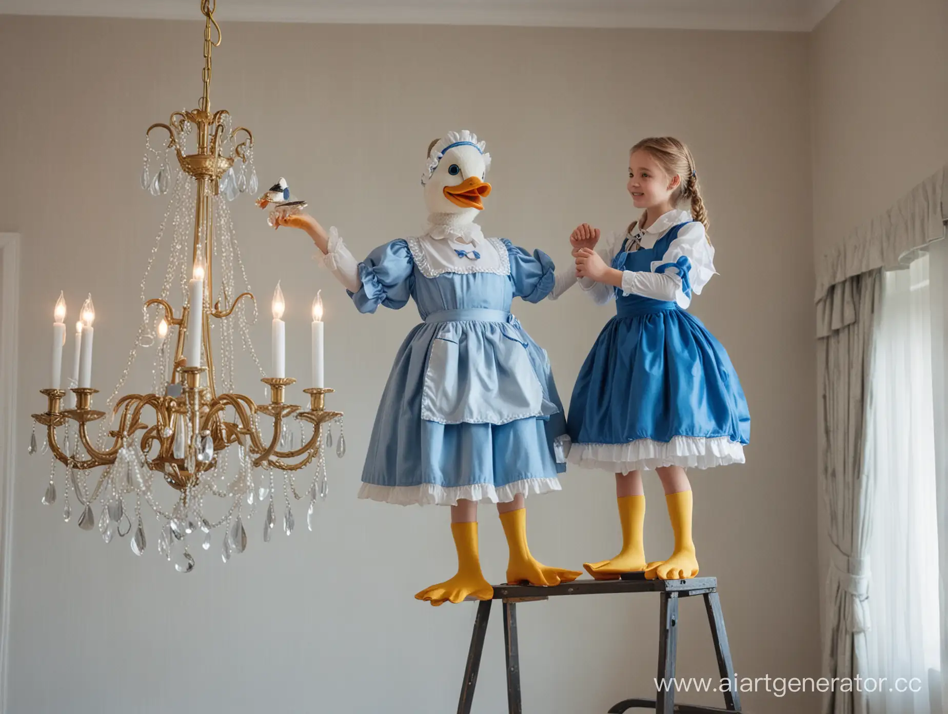 Duck-in-Blue-Maid-Uniform-Dusting-Chandelier