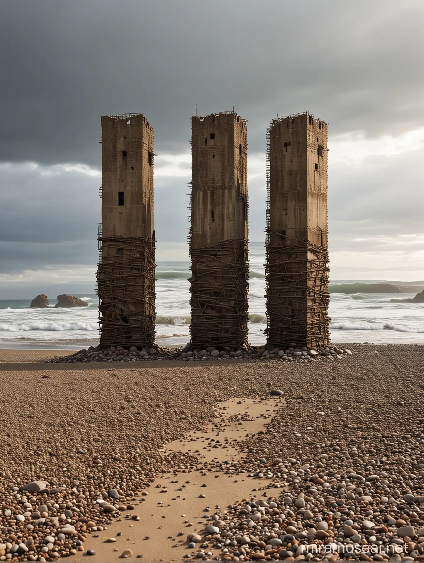 Abandoned Metal Towers on Windswept Beach Atmospheric Coastal Scene