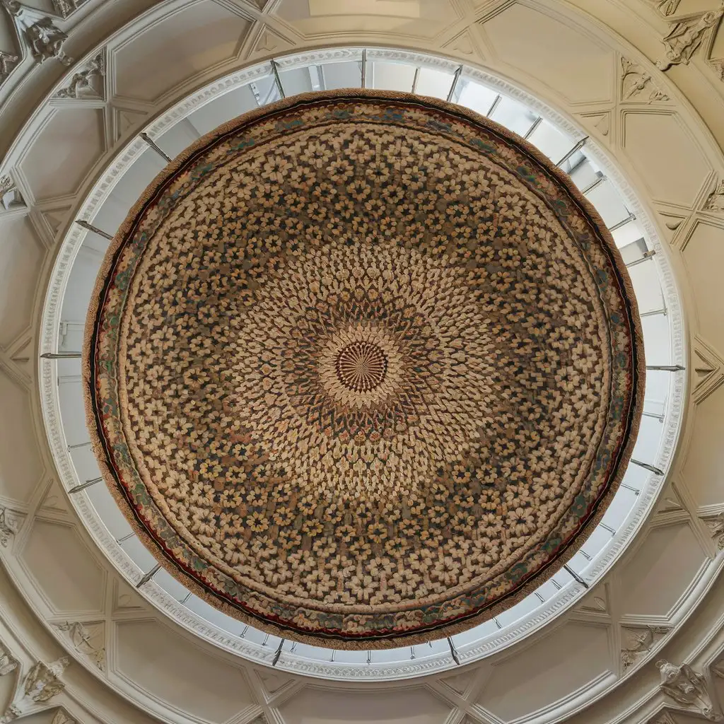 a 5 ft circular rug hung as a medallion on a ceiling
