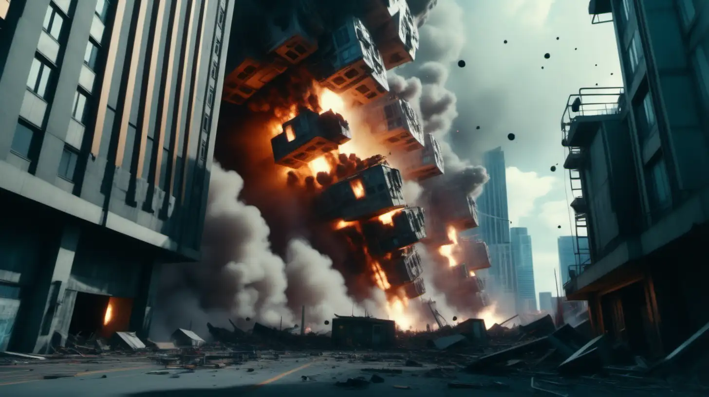 low camera angle. highly detailed and very realistic cinematic shot of a photo of explosions in an industrial cyberpunk futuristic city. high futuristic buildings collapsing