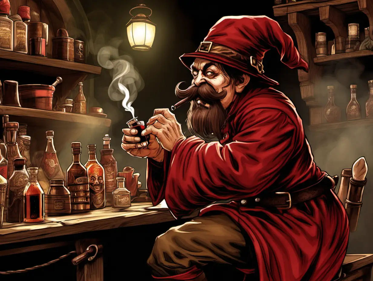 evil halfling, brown downward fu manchu moustache, small brown derby hat, red robe, big fancy pipe, smoking, tavern