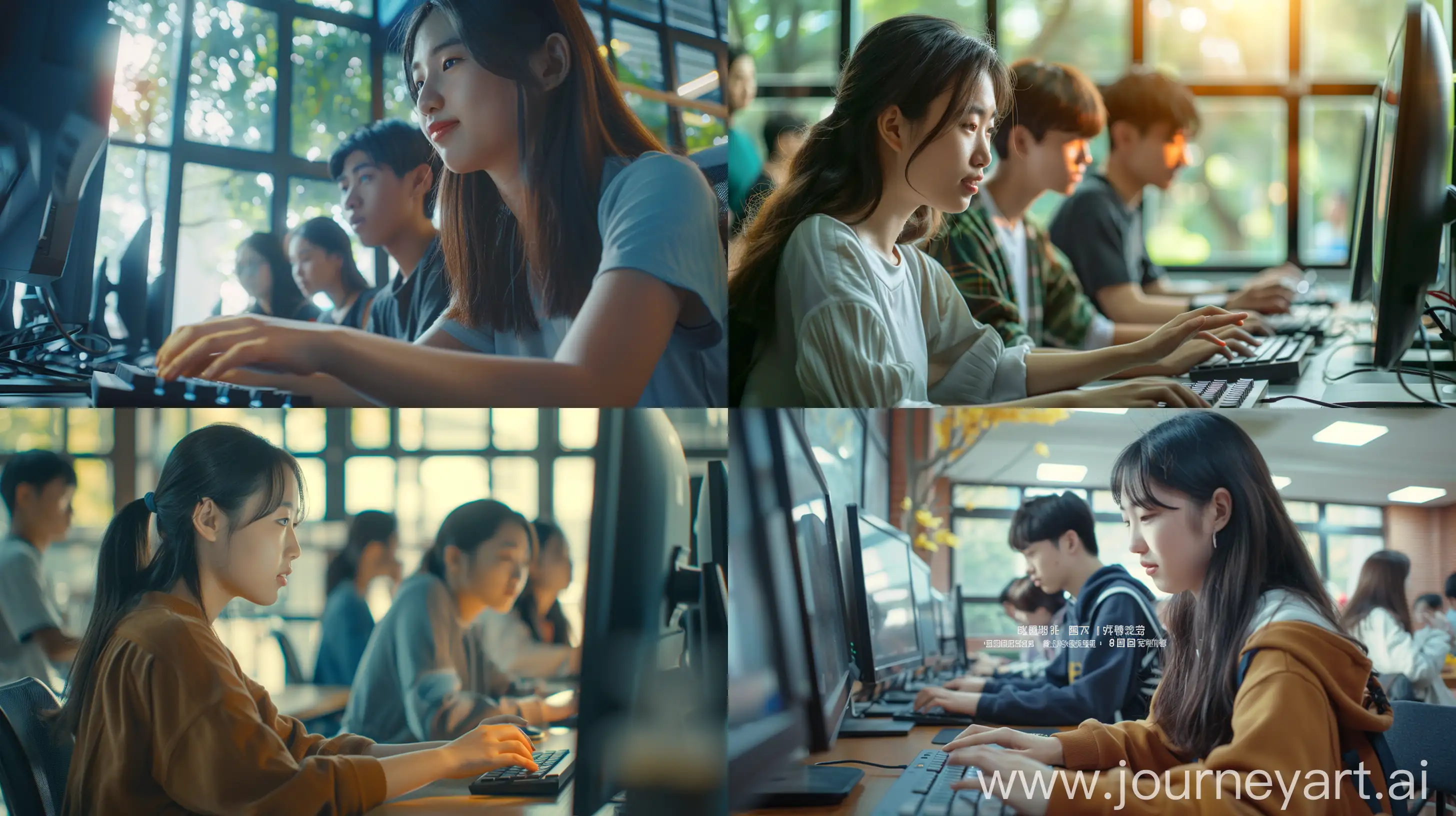 Joyful-Asian-College-Student-Operating-Computer-with-Friends-in-Relaxed-Atmosphere