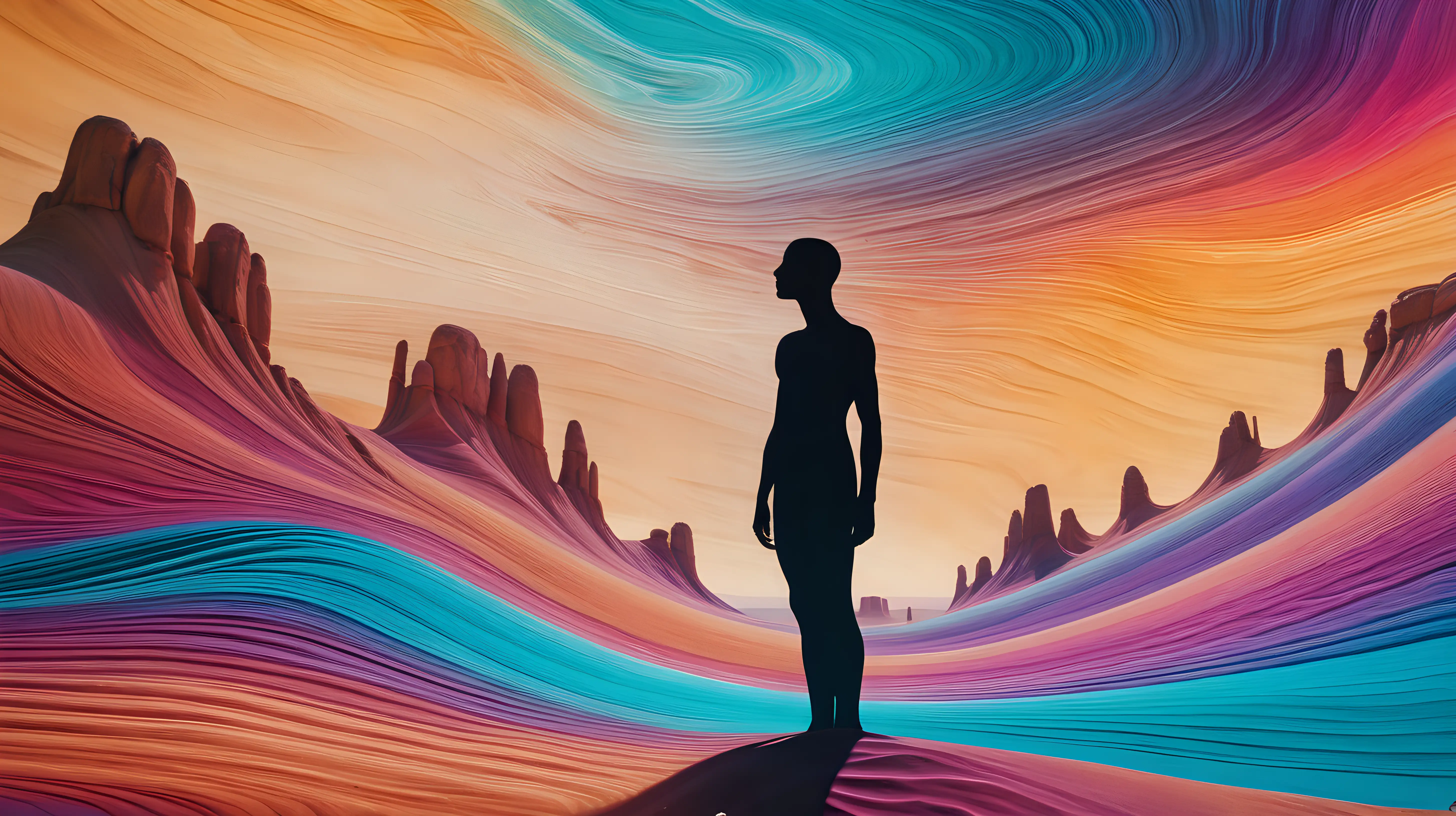 A figure standing in a desert, their silhouette distorted by vibrant, rippling waves of color, creating an otherworldly psychedelic mirage.