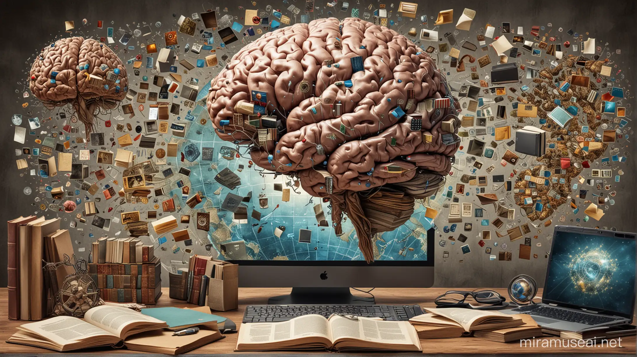 تصویر از مغز انسان، کتاب‌ها، کمپیوتر، ویرویس، نقشه جهان، و انواع پدیده‌های سیاست و علم