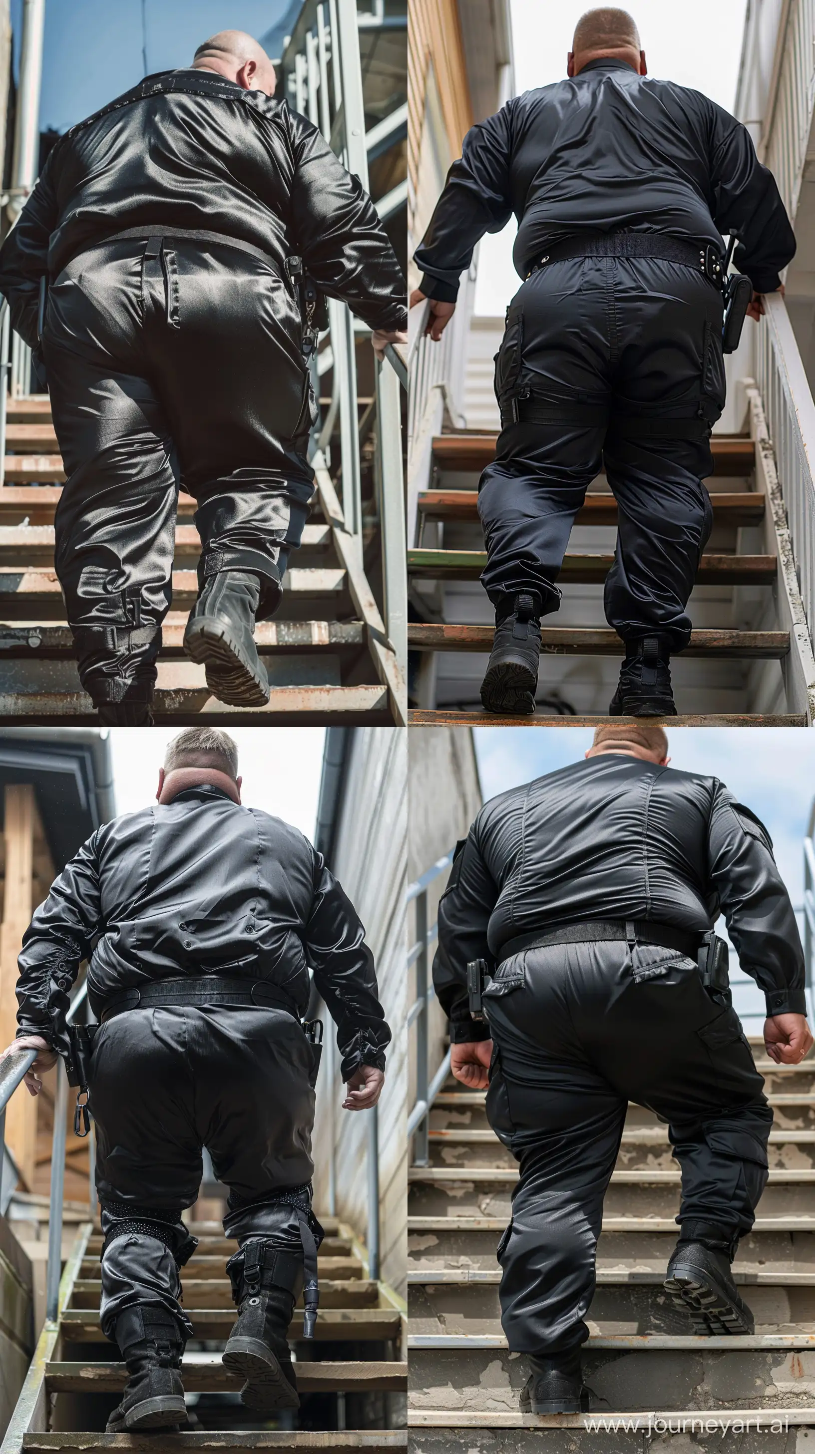 Back view close-up photo of a fat man aged 60 wearing silk black security guard battle tight coverall. Black heavy tactical belt and boots. Climbing stairs. Summer. Noon. --ar 9:16