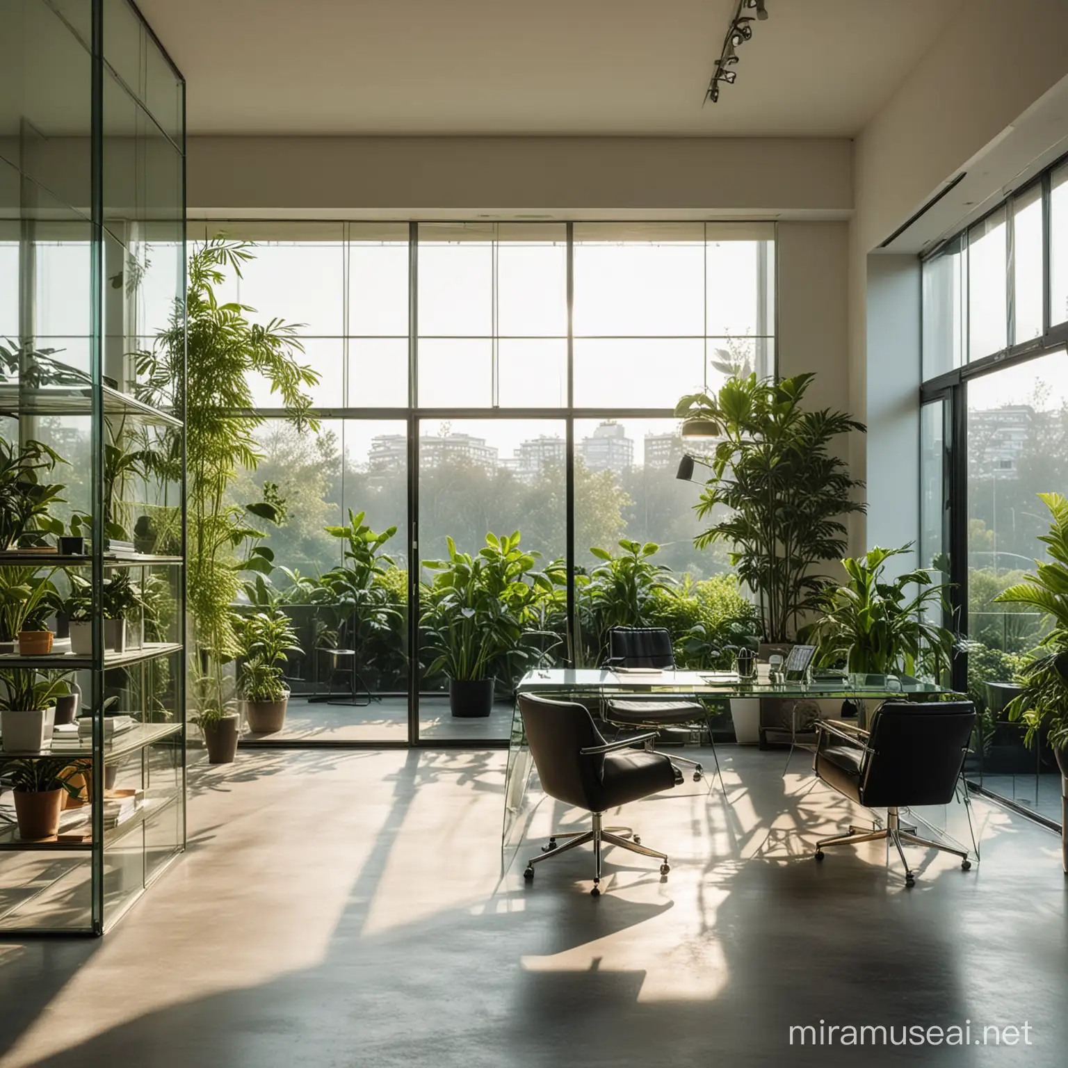 An office in a minimalistic glass house with green plants and designer furnitures high selling in dramatic morning light 