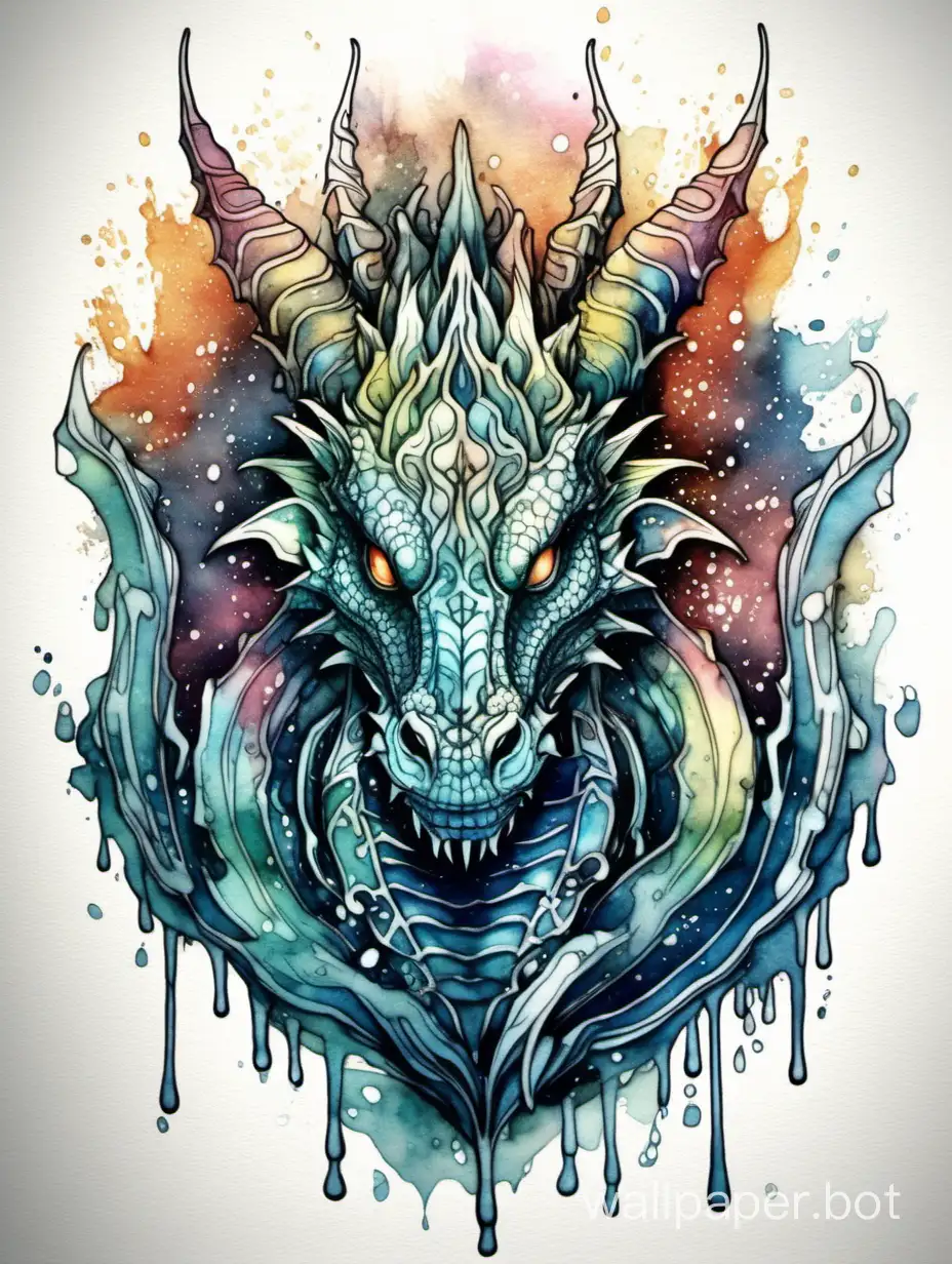 ethereal Bohemian front head of dragon, high contrast dripped fluid watercolor, dripped texture, ornate detailed illustration, octane render, sticker style