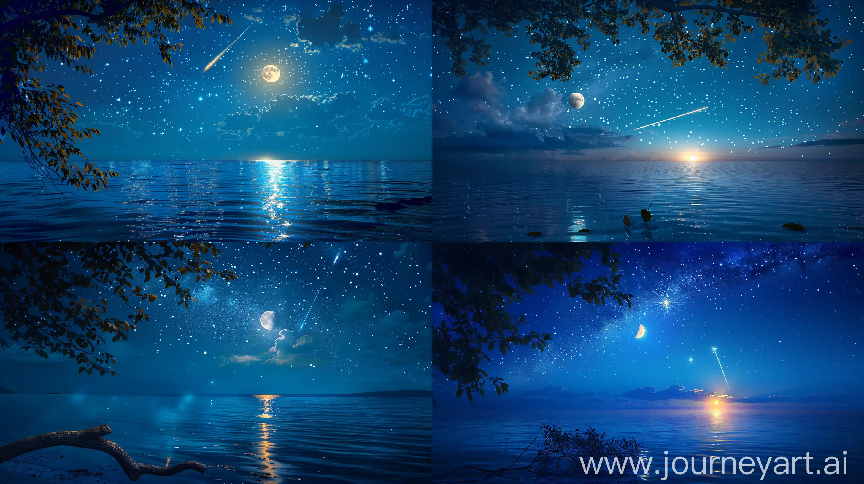 blue night, with a beautiful detailed small moon in the sky, surrounded by a tree branch with leaves in the foreground, and starry sky, with a shiny shooting star, reflected at the sea, hyper realistic --ar 16:9 --v 6 --style raw --q 5  --style raw --s 250