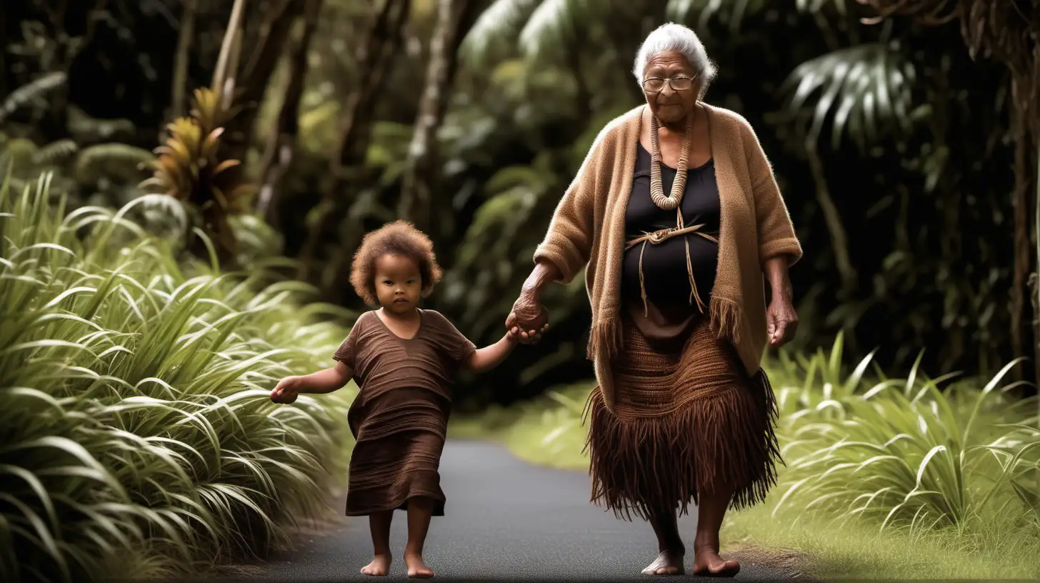 new zealand grandma brown skin dressed in a korowai and grandchild walking holding hands
