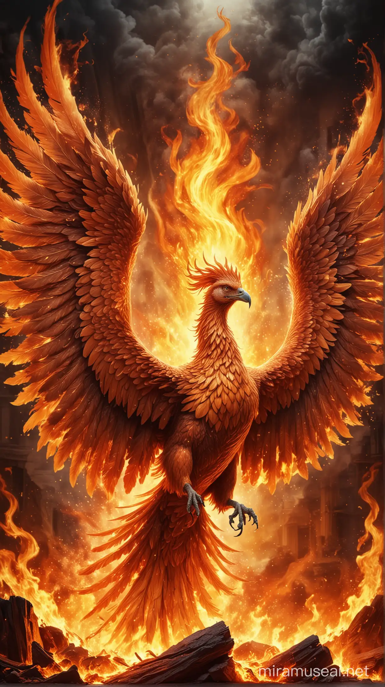 Majestic Phoenix Soaring Above Fiery Flames
