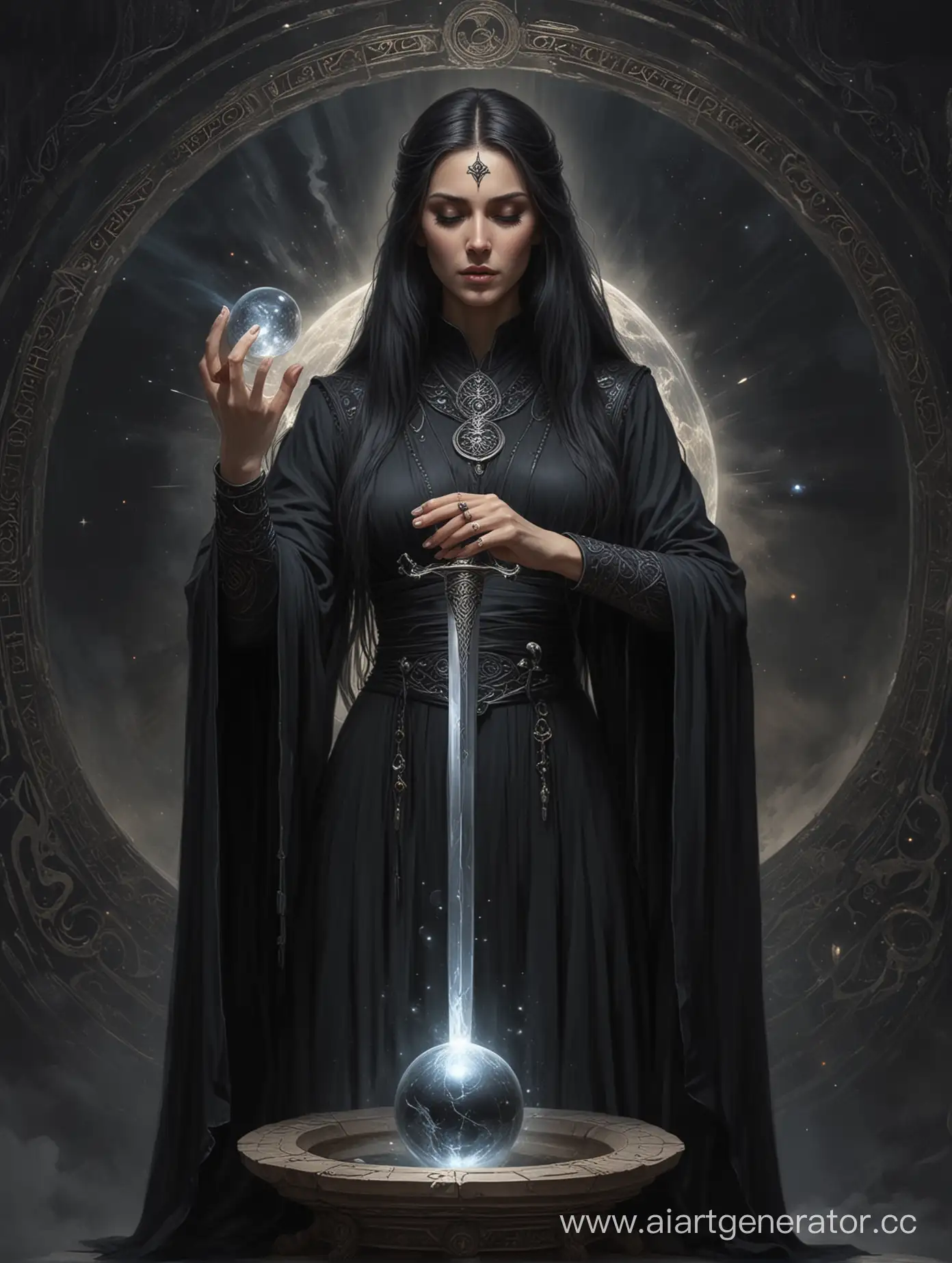 Mysterious-Oracle-Priestess-with-Sword-and-Crystal-Ball-Facing-Black-Hole