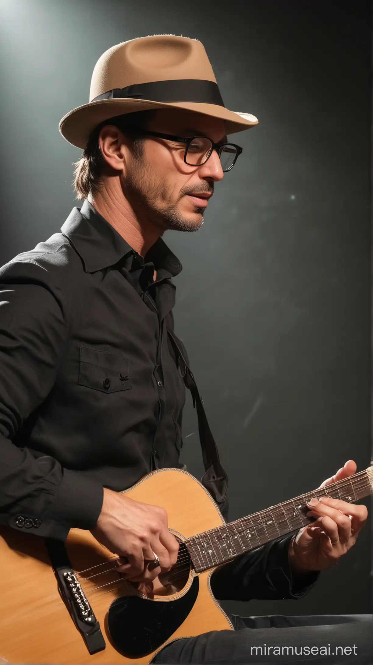 Close up man 46 years old handsome shitting on the chair, glasses, wearing fedora hat, sing with guitar on the stage, full body detiles, viewers look, good anatomy, 