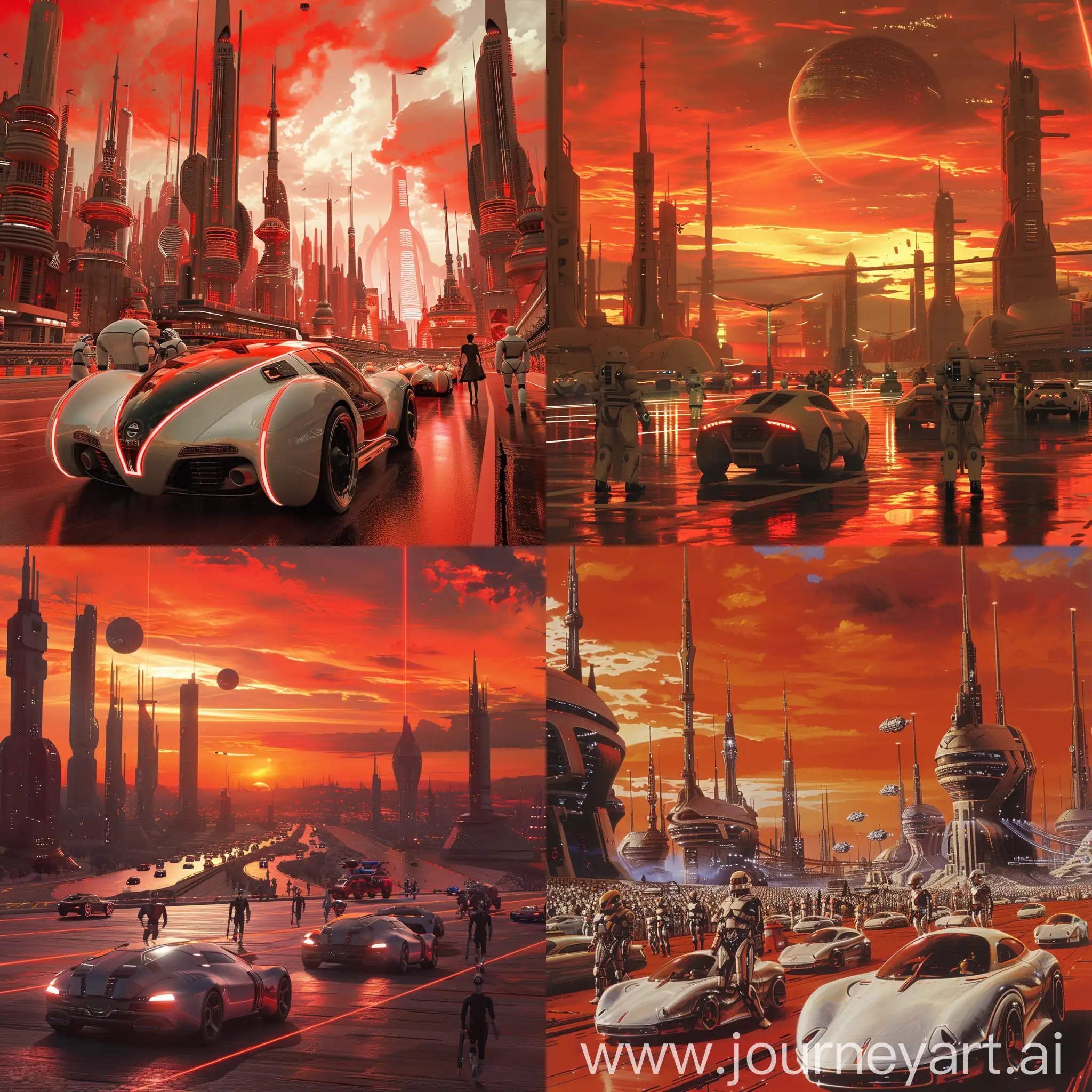 autopian city sci fi futuristic, red sky, robots, cars concept cars people