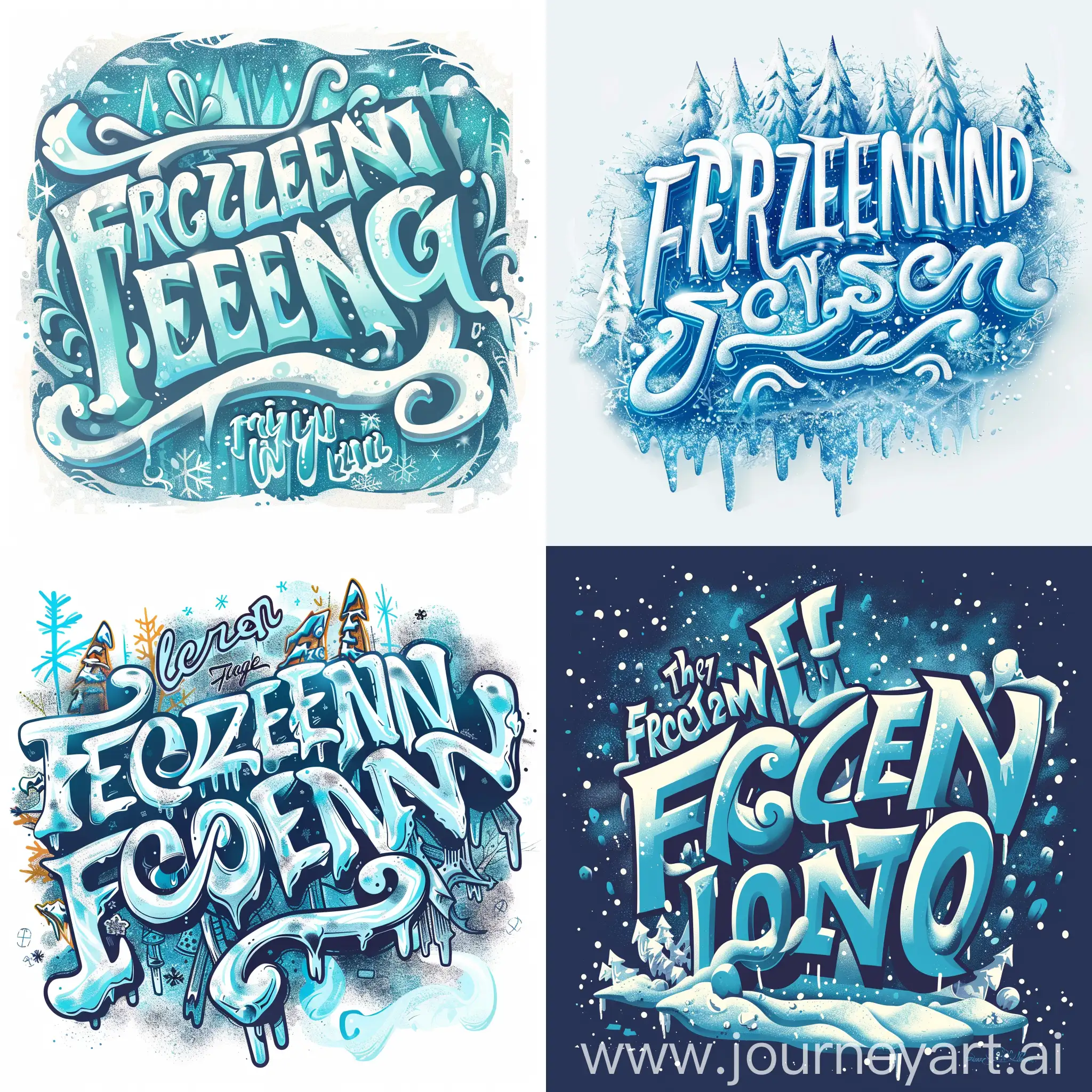 the word "FROZENLAND", Text style title, with large and fun and cursive font, the letters are snow style for logo brand Snow Themepark