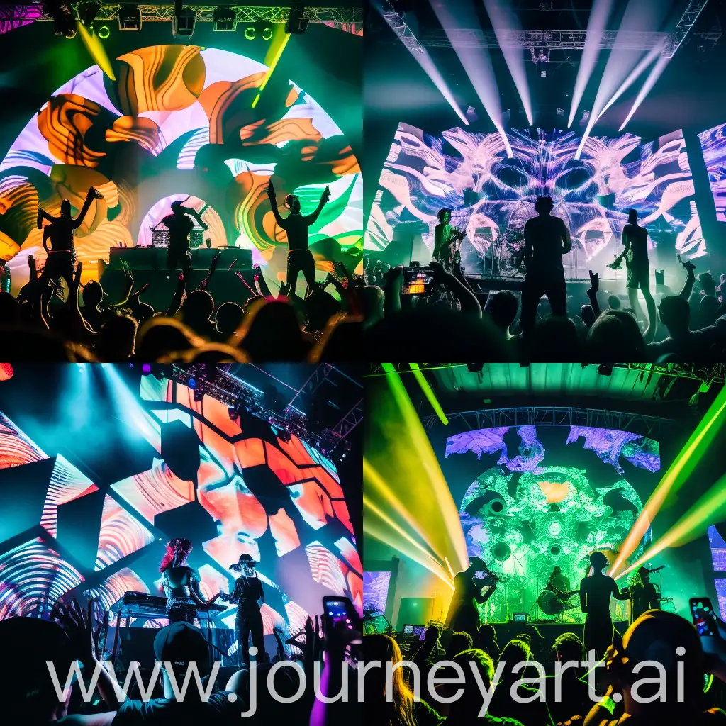 Dynamic futuristic concert scene featuring a holographic stage, pulsating neon lights, and a crowd immersed in the music. The stage design incorporates cutting-edge technology, with holographic projections of the band members interacting with virtual instruments. The atmosphere is electric, with vibrant colors and futuristic elements adding to the immersive experience. The audience is captivated, their faces illuminated by the glow of the stage. Capture the energy and excitement of this futuristic musical performance