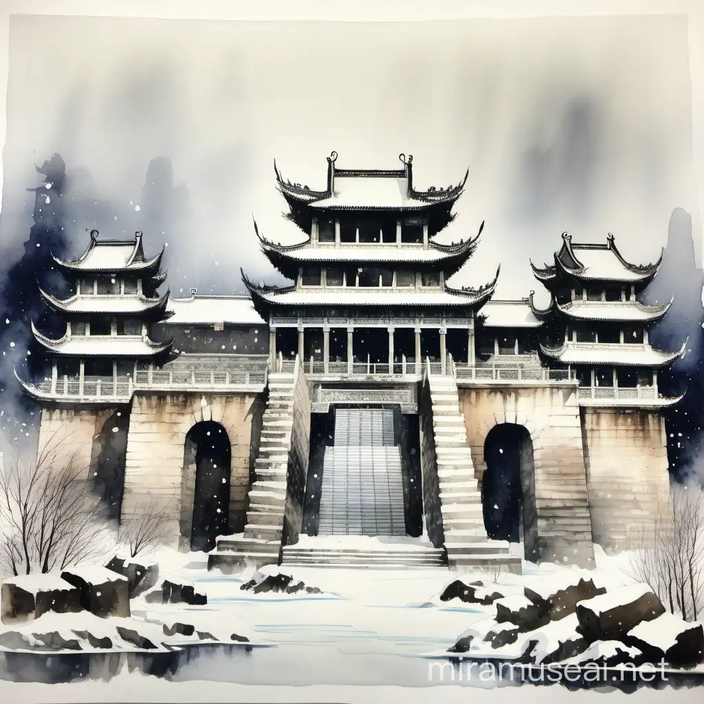 A water colour painting of the Ancient Chinese Cold Palace ruins with rich snowy white colours