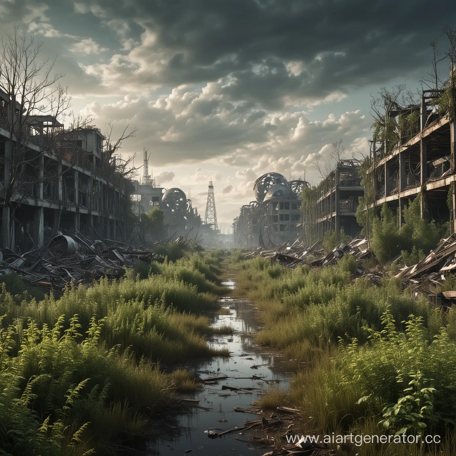 The landscape of an overgrown destroyed world after a global bio-nuclear disaster