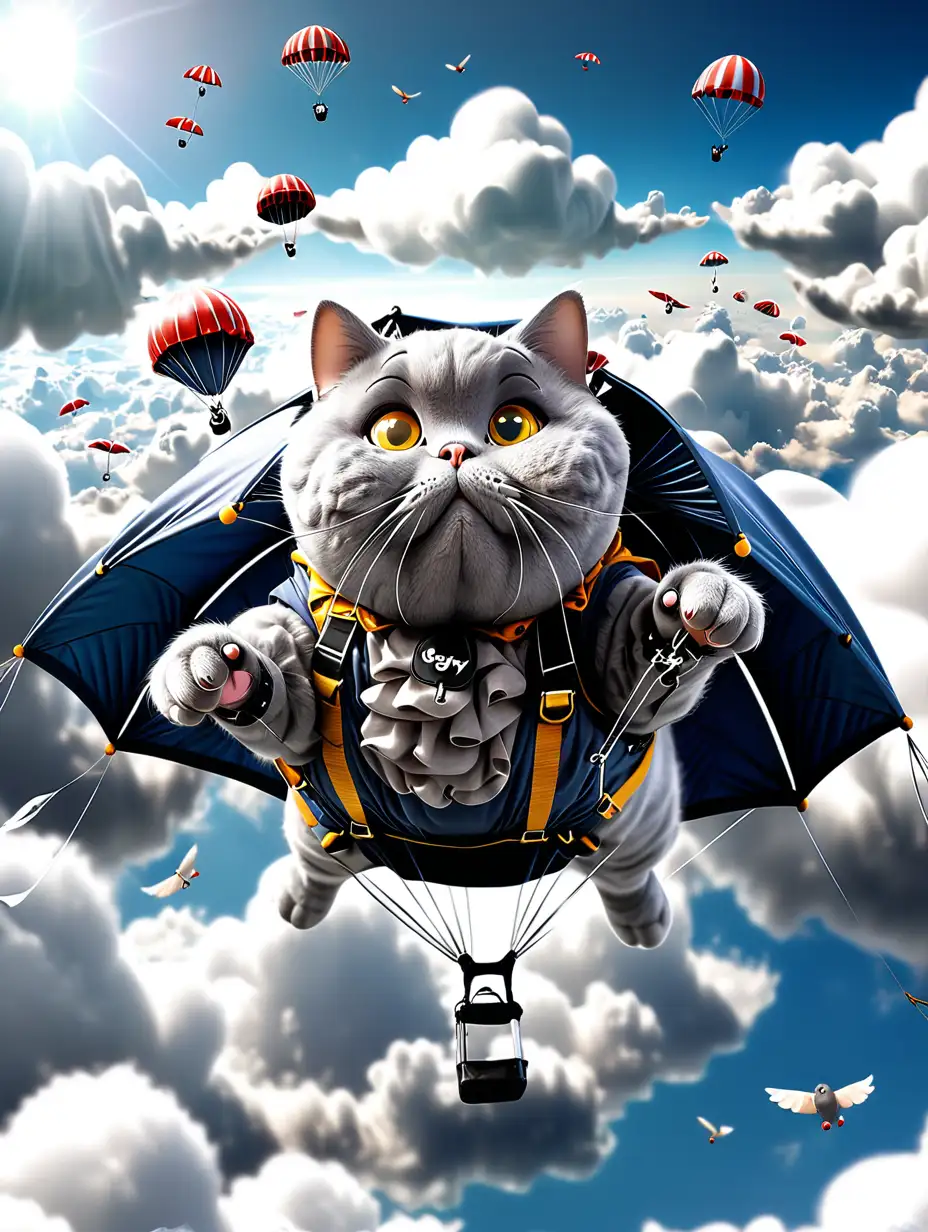 Adorable Fat Gray Cat Flying with Parachute Above White Clouds