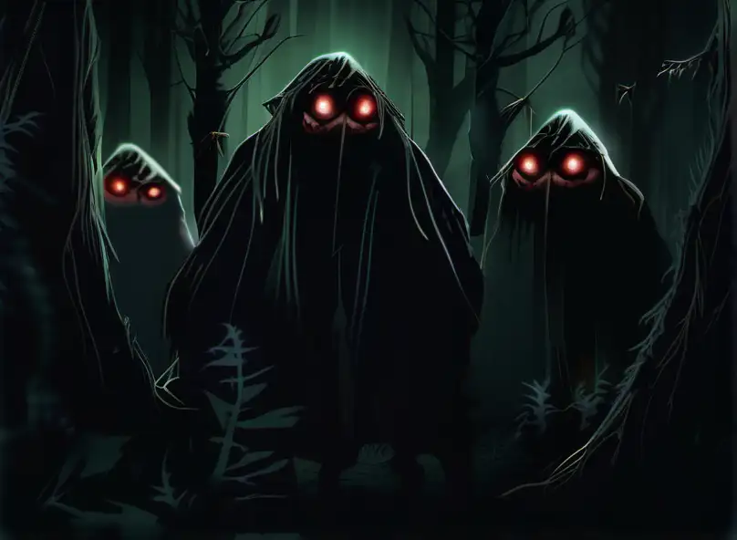 gloomy faint evil eyes in the grimdark forest at night goblins