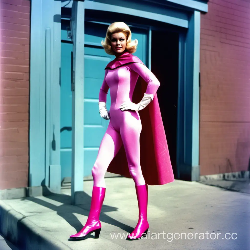 1966 superheroine, actress, pink spandex, pink tights, light blue cape, pink gloves, pink mask, light blue boots, blonde hair, color photo street, detailed