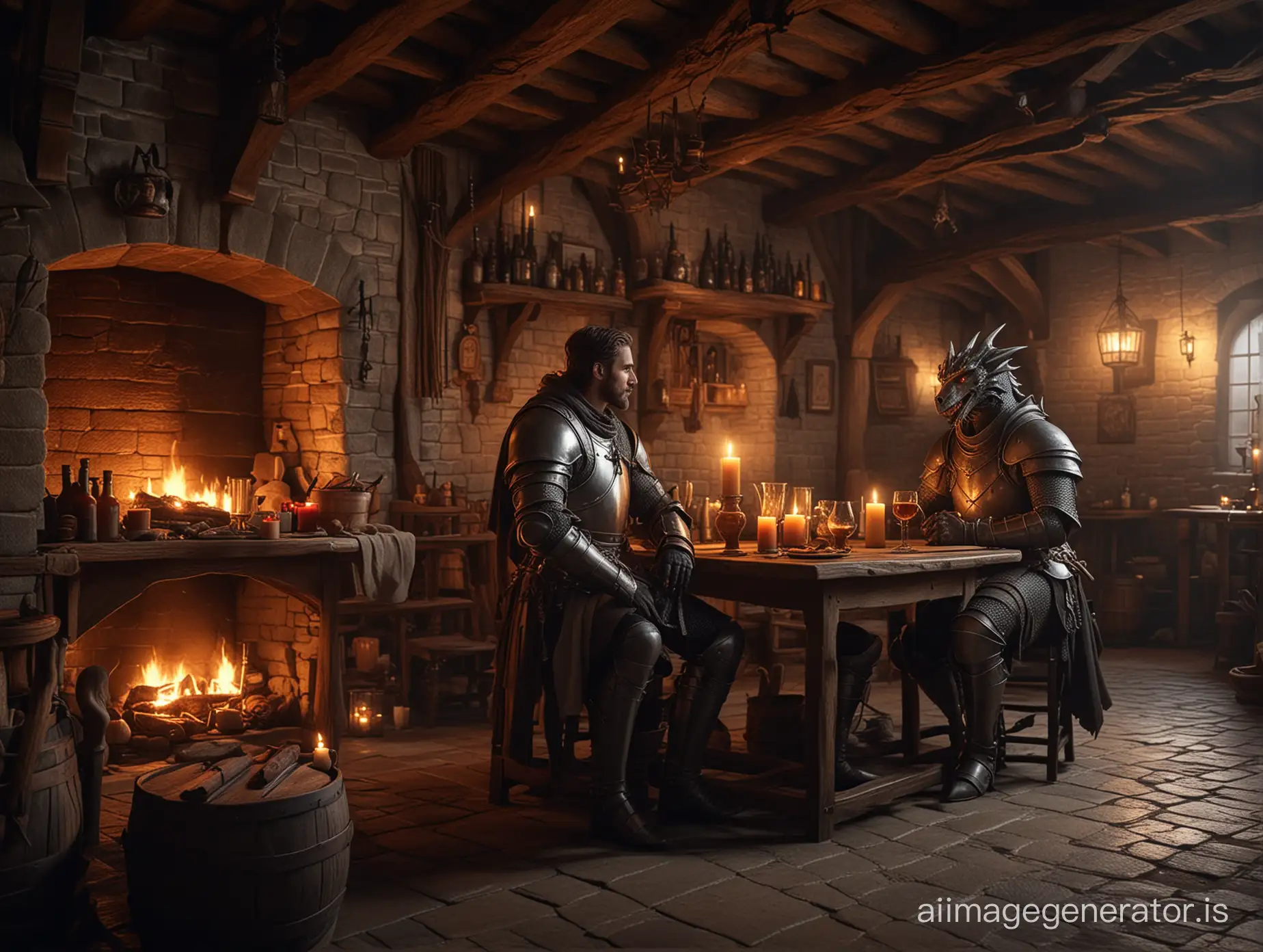 A scene of tranquility and peace in a medieval tavern at night. A knight and a dragon sit together, enjoying ale. The room is illuminated by the soft glow of candles and a crackling fireplace. Detailed fashion photography, capturing the warmth and coziness of the scene, 4K resolution, wide angle shot, dramatic lighting, magical ambiance, highly detailed.