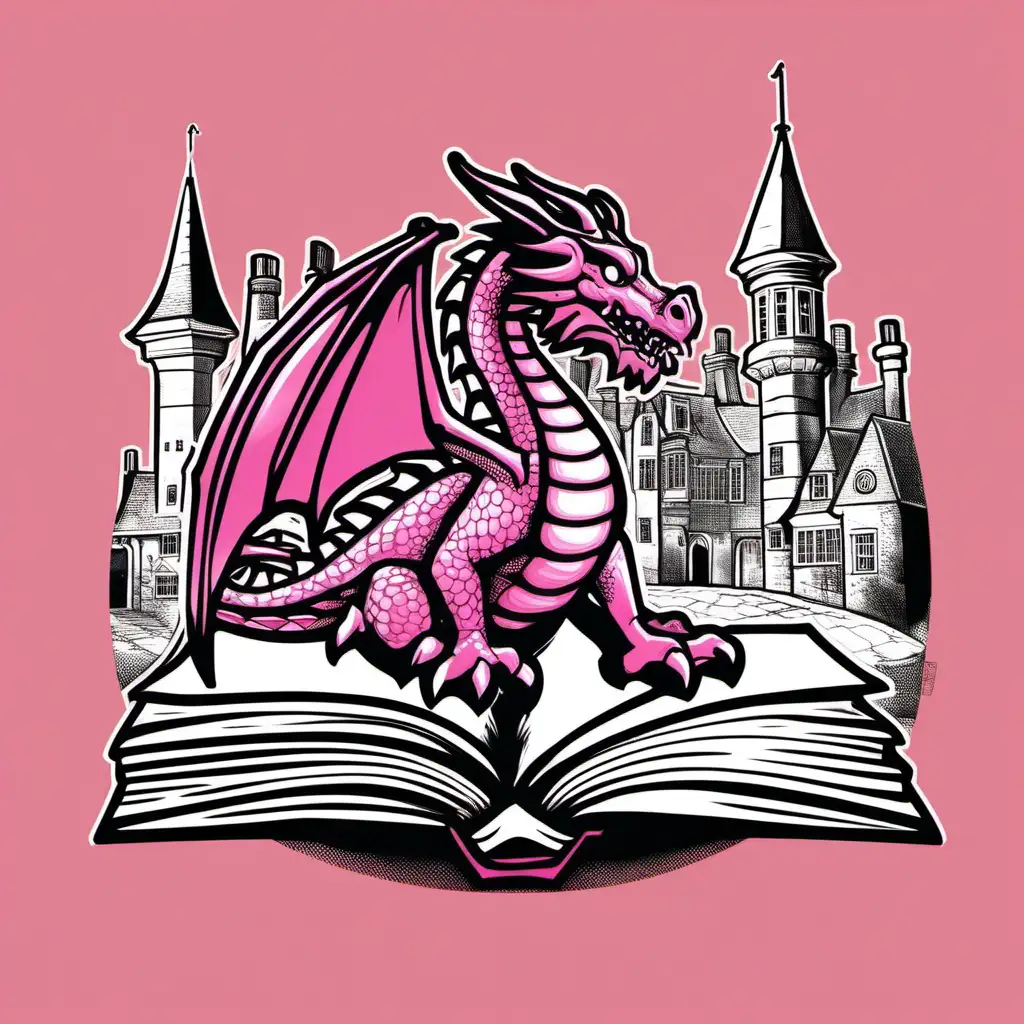 pink dragon, 
 old English town of books, screen printed, transparent background, cartoon, pink, black, white
