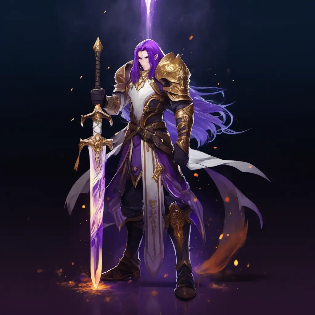 Roy, un jeune mage de feu et de glace aux longs cheveux violets avec grosse épée, un imposante armure blanche ornée d'or arcanique