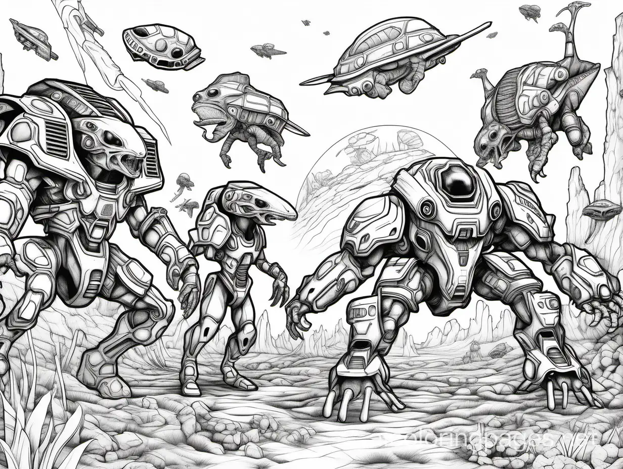 A  coloring page featuring various alien animals and creatures found in the Helldivers 2 universe. Coloring Should have bold outlines and simple designs to make them easy for children ages 8-12 to color. , Coloring Page, black and white, line art, white background, Simplicity, Ample White Space. The background of the coloring page is plain white to make it easy for young children to color within the lines. The outlines of all the subjects are easy to distinguish, making it simple for kids to color without too much difficulty