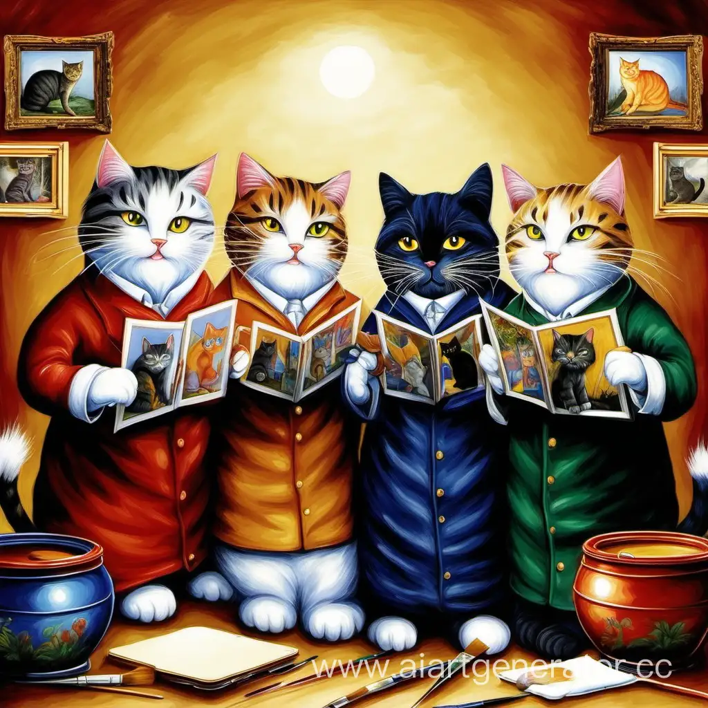 Artistic-Feline-Trio-Creating-Vibrant-Paintings