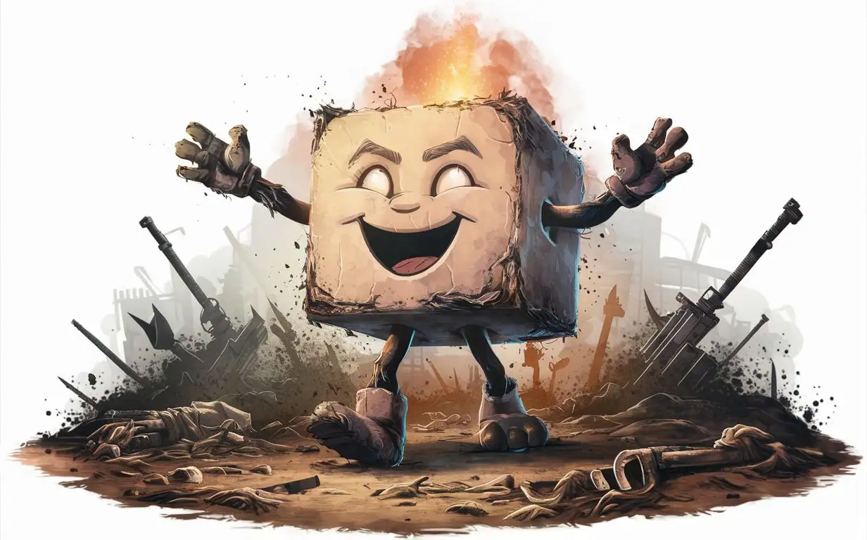 A joyful Cube, a hero made of ash, similar to a man with arms and legs