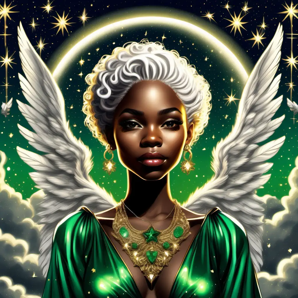 Vibrant Portrait of Elegant Black Girl with Angelic Features and Luxurious Green Evening Gown Surrounded by Celestial Beauty