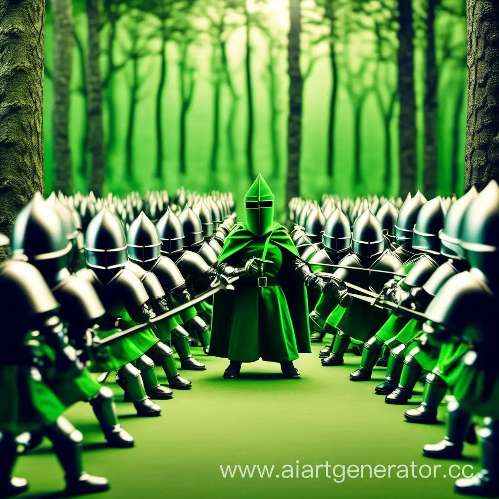 Army of knights are fighting with angry teachers in the forest to protect a little wall with green screen on background