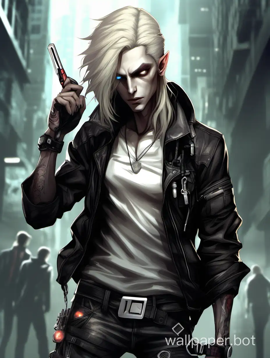 Tall, handsome, slender, androgynous, ash blond, vampire, 30's, hair down to his chin, elf-like, street clothes, cyberpunk, sadist, menacing, jade eyes, pale skin, pale hair, athletic build, masculine, technomancer, villain, roguish, cocky smirk, mechanic, stalking, with a knife, headphones, character art, graphic, painting, render, detailed