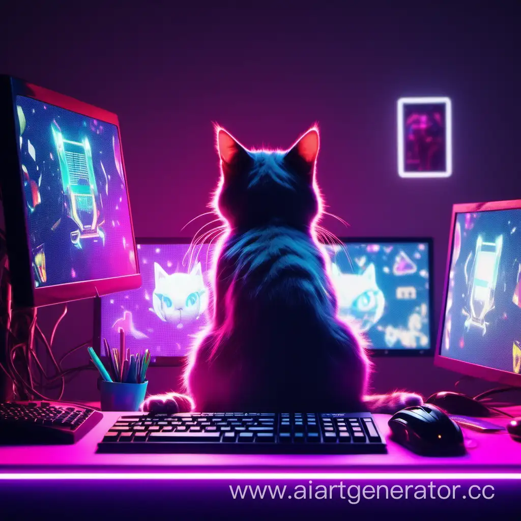 котик сидящий за рабочем столом, играющий за игровым компьютером, на фоне неоновый и красивый дизайн, 4к