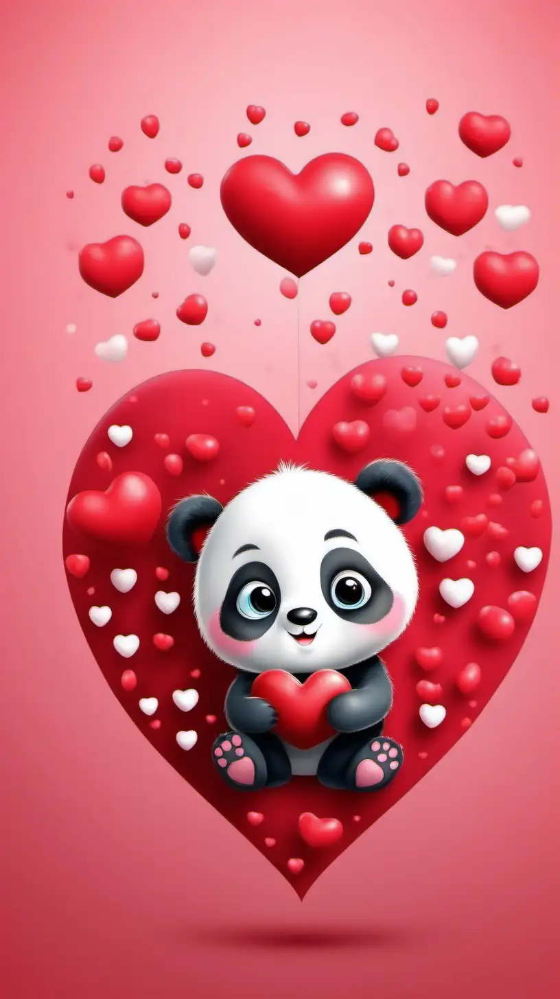 create an image of a small baby panda with red hearts, valentines day themed