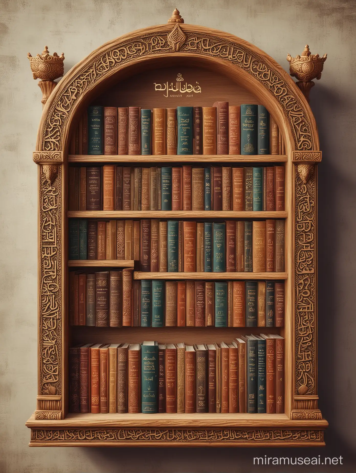 design a book shelf with divine religious books like Quran,Tawrat, Bible, old testament, Ramayana, Zabur, Injil. Book names are readable and visible.