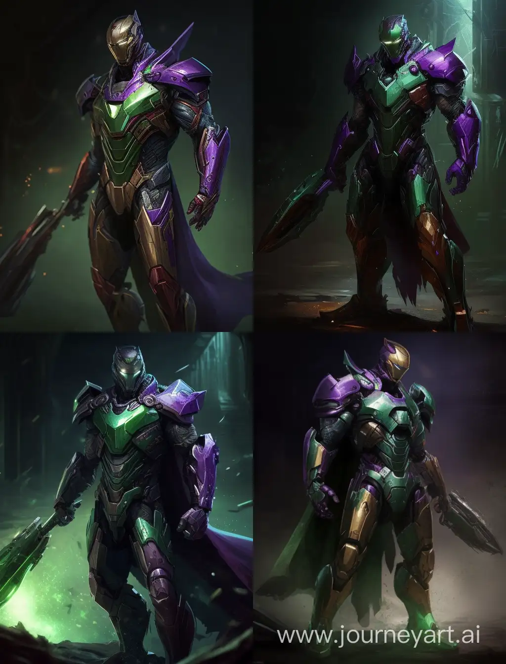 Зелёно-фиолетовый костюм железного человека, копьё, плащ, космос