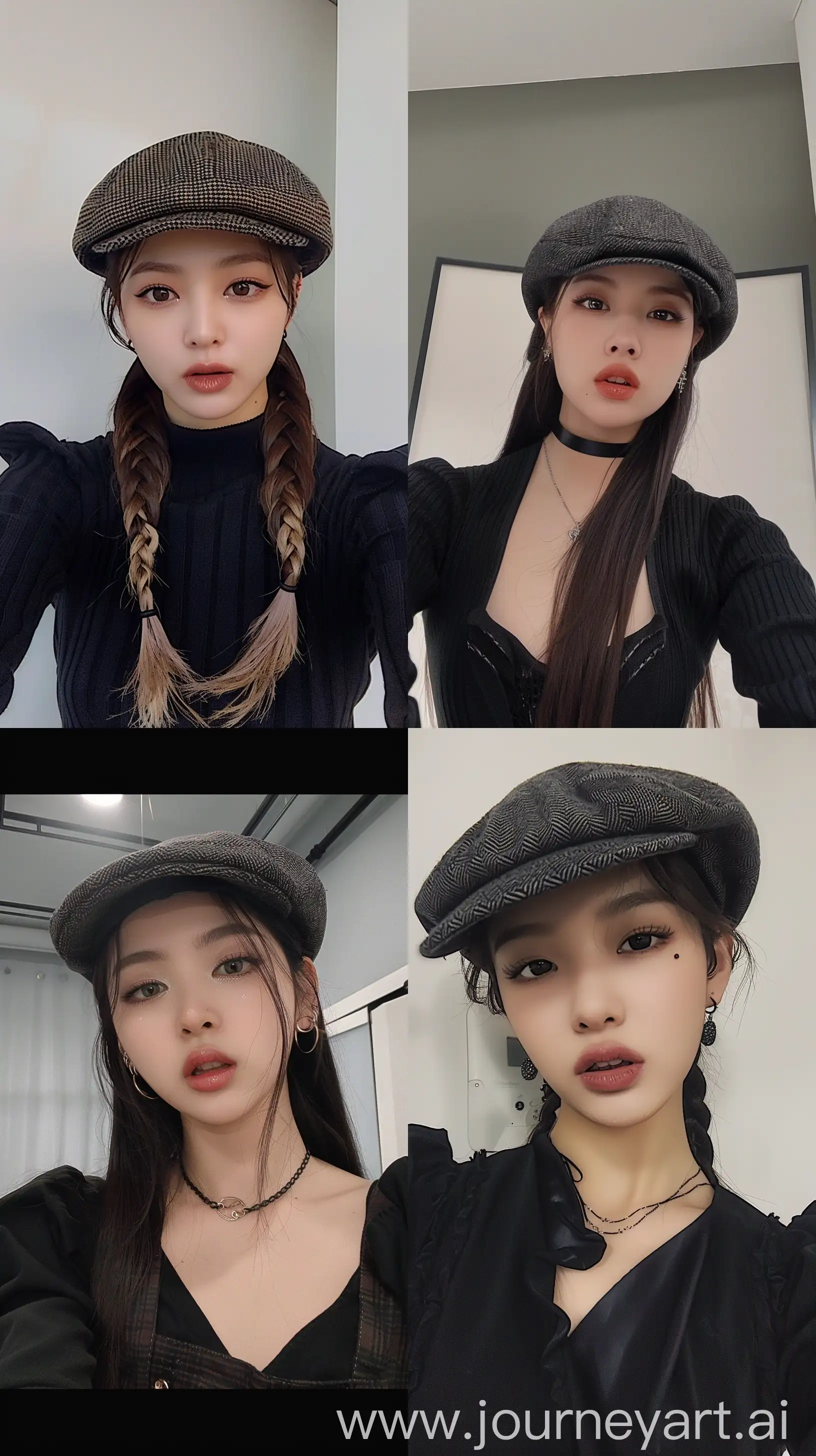 a blackpink's jennie, selfie, wearing cute black clothes, aestethic make up,hotly, wearing stylish flat cap --ar 9:16