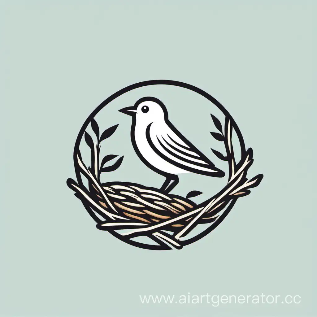 логотип в тонких линиях на белом фоне, на котором птичка шалашник несет веточку в гнездо