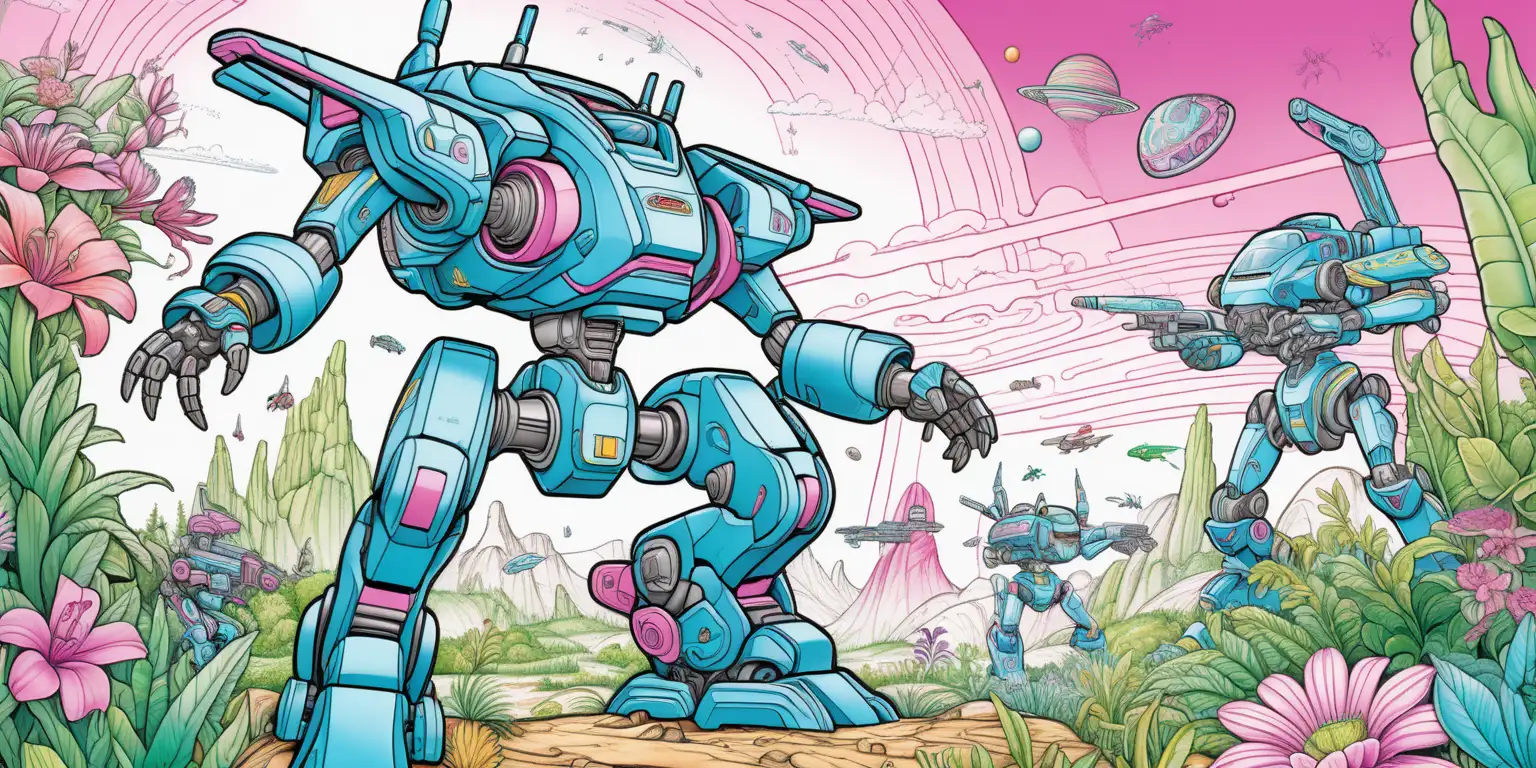 Create cover art of a children's coloring book with Mechs battling in an otherworldly alien landscape with vibrant flora and fauna, coloring book style, thick lines, no shading, with some color filled in with blues and greens and pinks