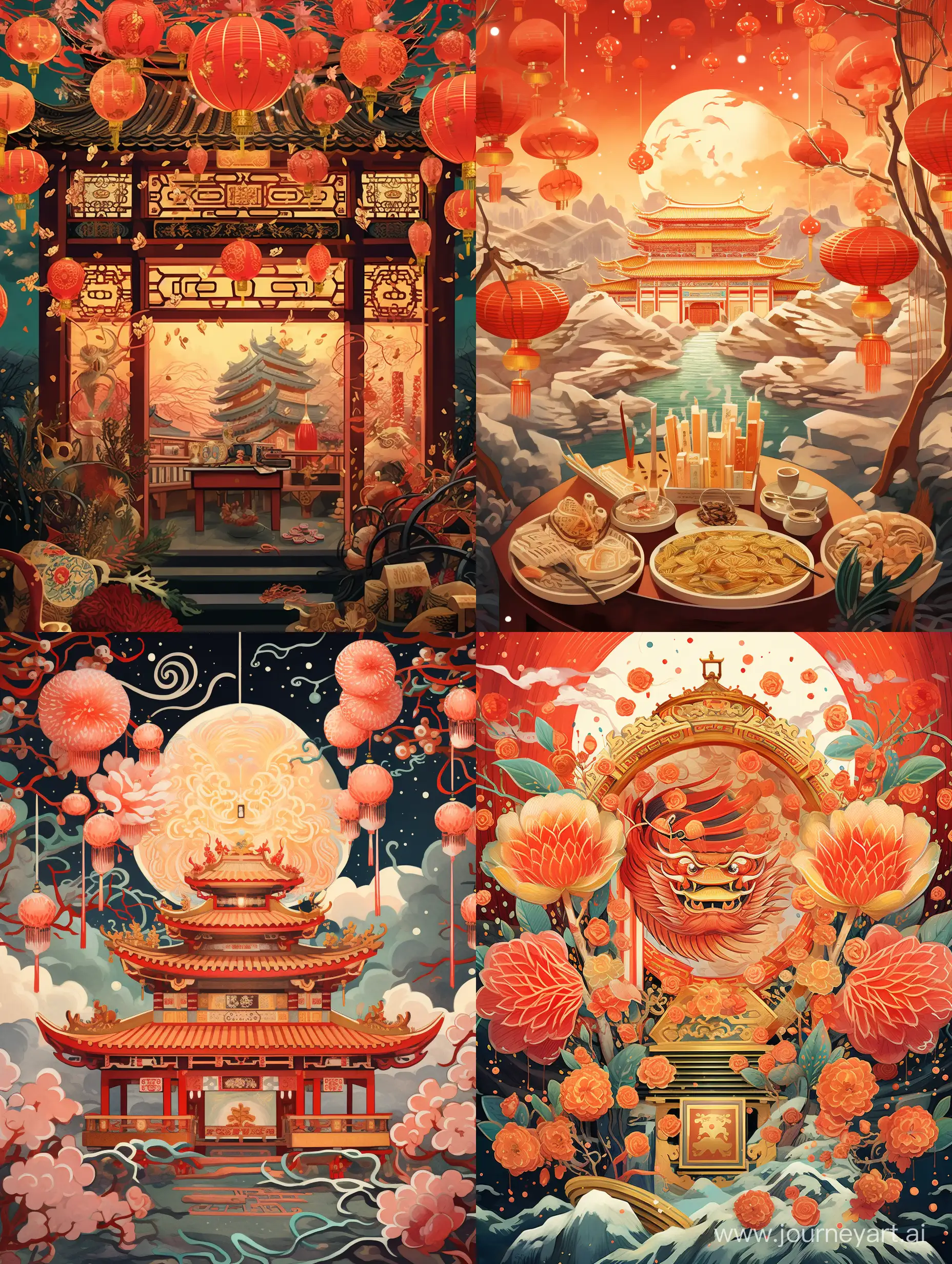 Chinese dragon in the center, fairy tale illustration, stylized cartoon, Victo Ngai, watercolor, painting, decoration, flat drawing. Chinese New Year, lanterns, fireworks, golden ingots, red envelopes
