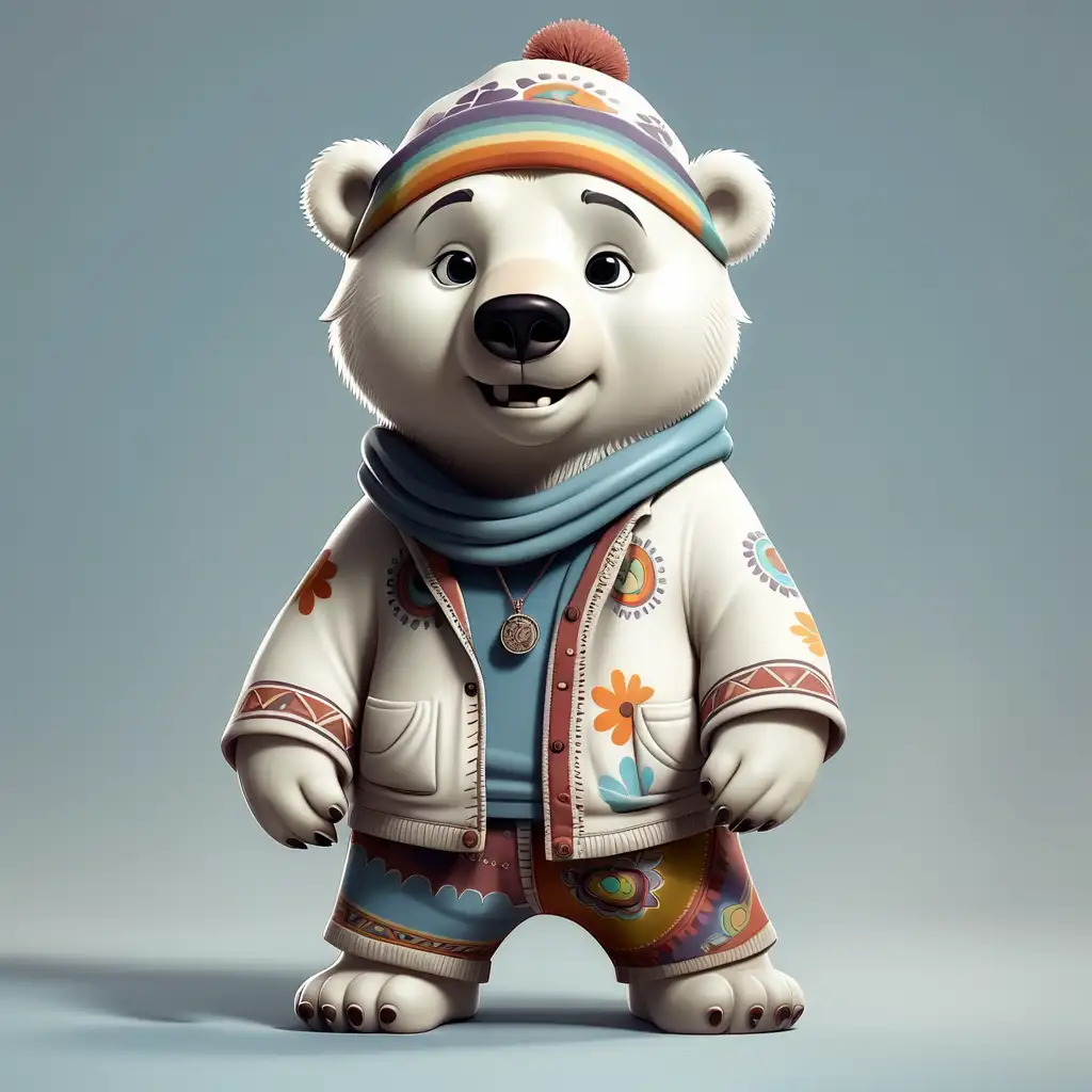 a cute polar bear in full body cartoon style with Hippie clothes with clear background