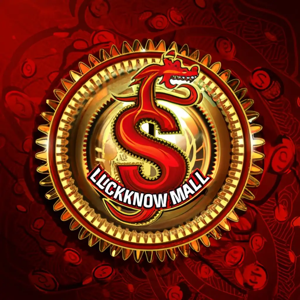 a logo design,with the text "LUCKNOW MALL", main symbol:DOLLAR DRAGON, LAKH, COIN, RED, BLACK,complex,clear background