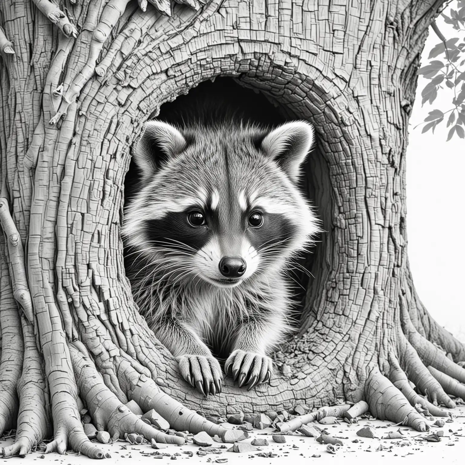 raccoon in hole of tree

, Coloring Page, black and white, line art, white background, Simplicity, Ample White Space. The background of the coloring page is plain white to make it easy for young children to color within the lines. The outlines of all the subjects are easy to distinguish, making it simple for kids to color without too much difficulty