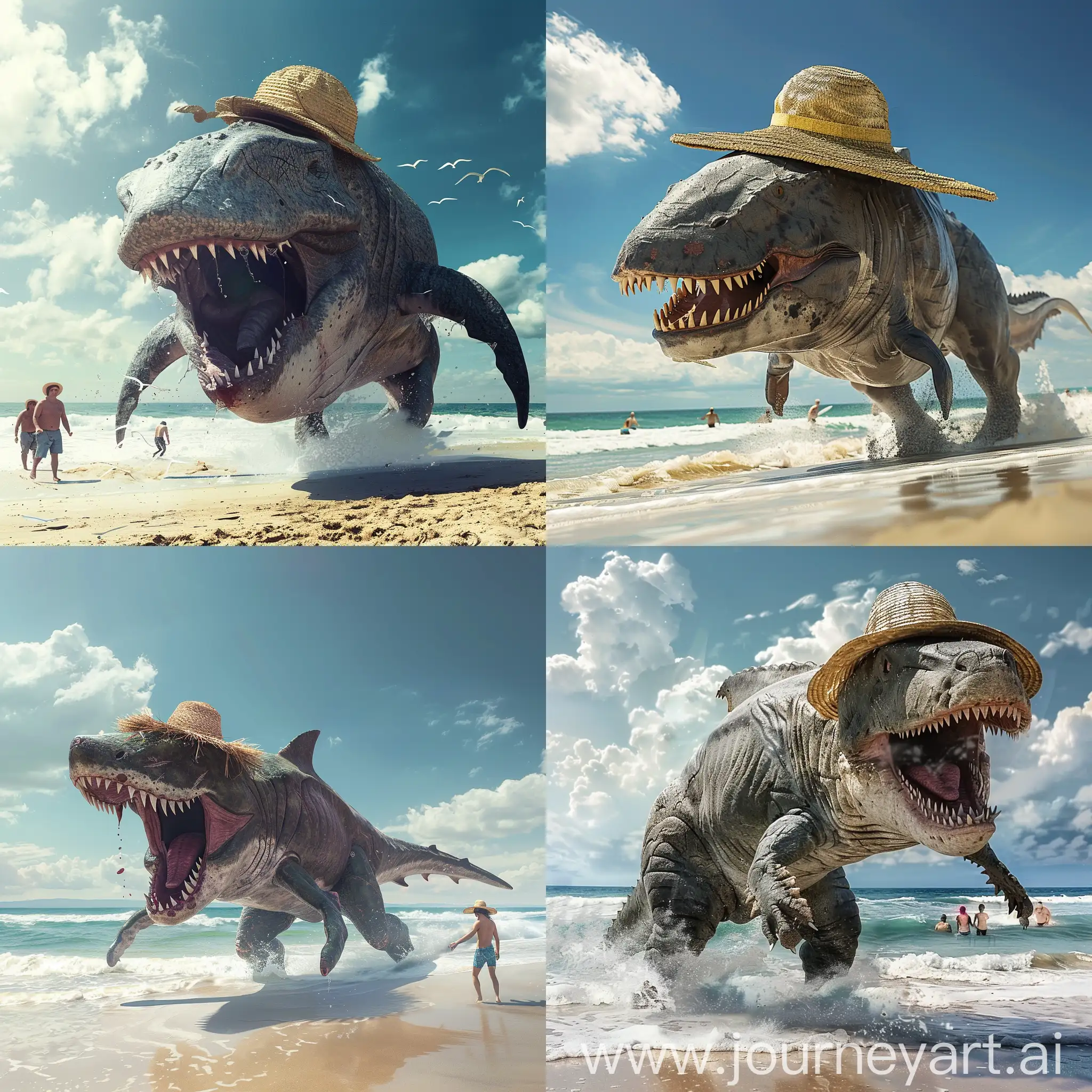 Walking megalodon wearing straw hat eating white people on the beach