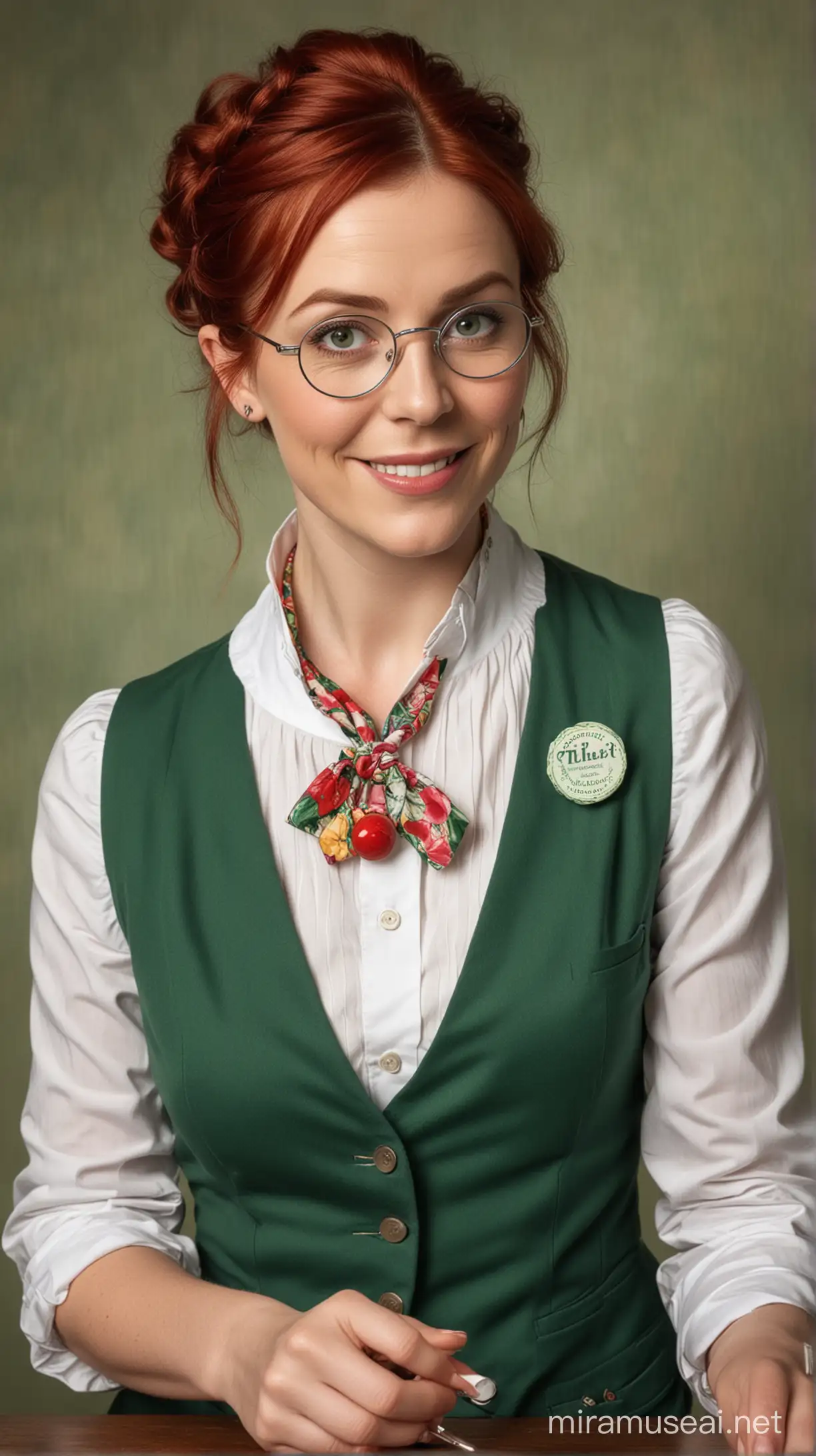 The setting is 1890s. An Irish woman in her late 40s with a short face and is smirking. She has red hair in a braid and wears silver circular spectacles. She is dressed in a white shirt with a green waist coat that has a floral pattern on it. She is in the middle of signing "hello" in British Sign Language. Beside her on a table is a bottle of gin and a doctors bag. Poking out of her waist coat pocket are circular lollipop candies. Any medicinal or botanical paraphernalia may be in the scene.